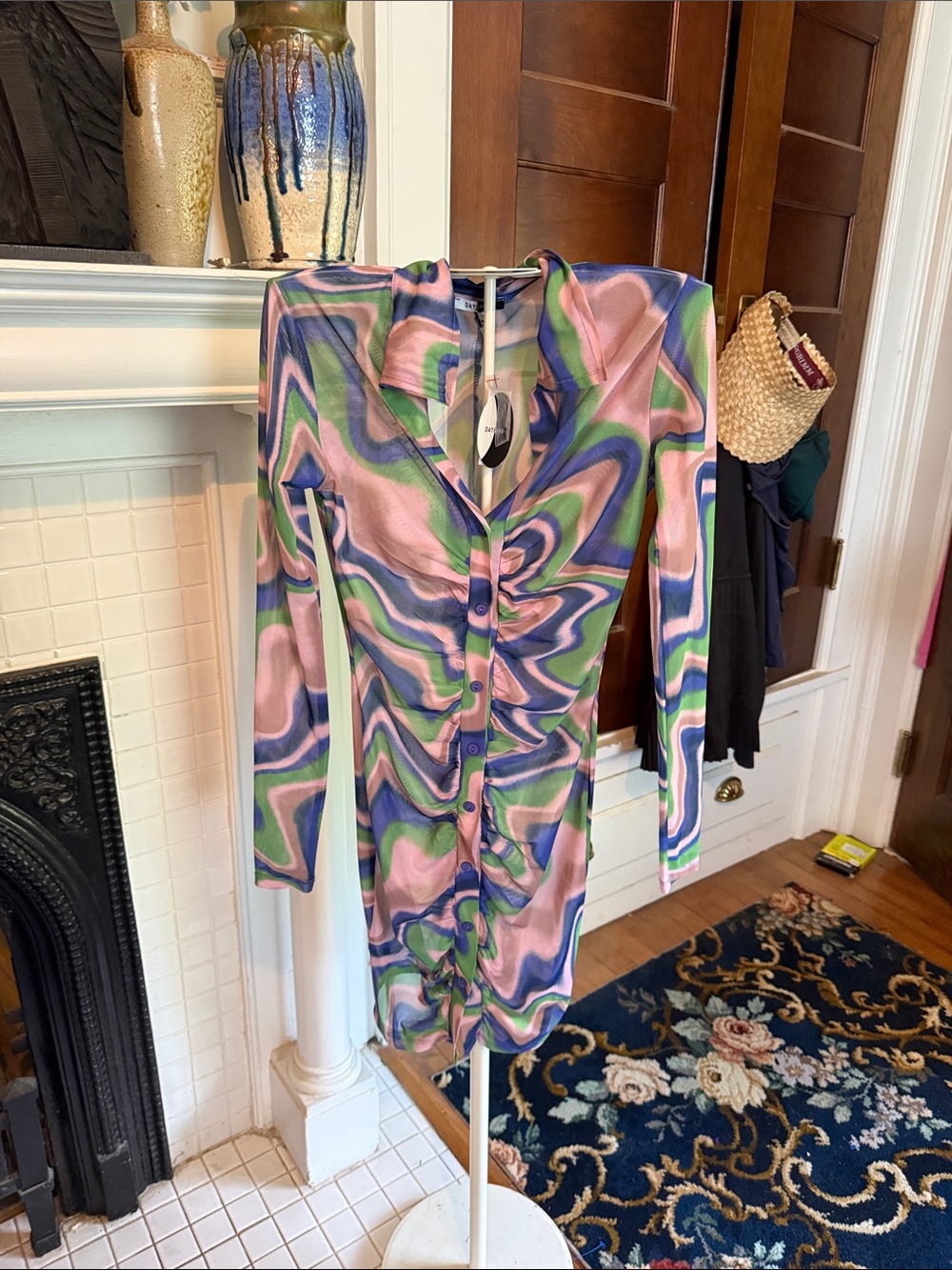 Long-Sleeve‎ Ruched Swirl  Dress in Pink & Green Thule- NWT